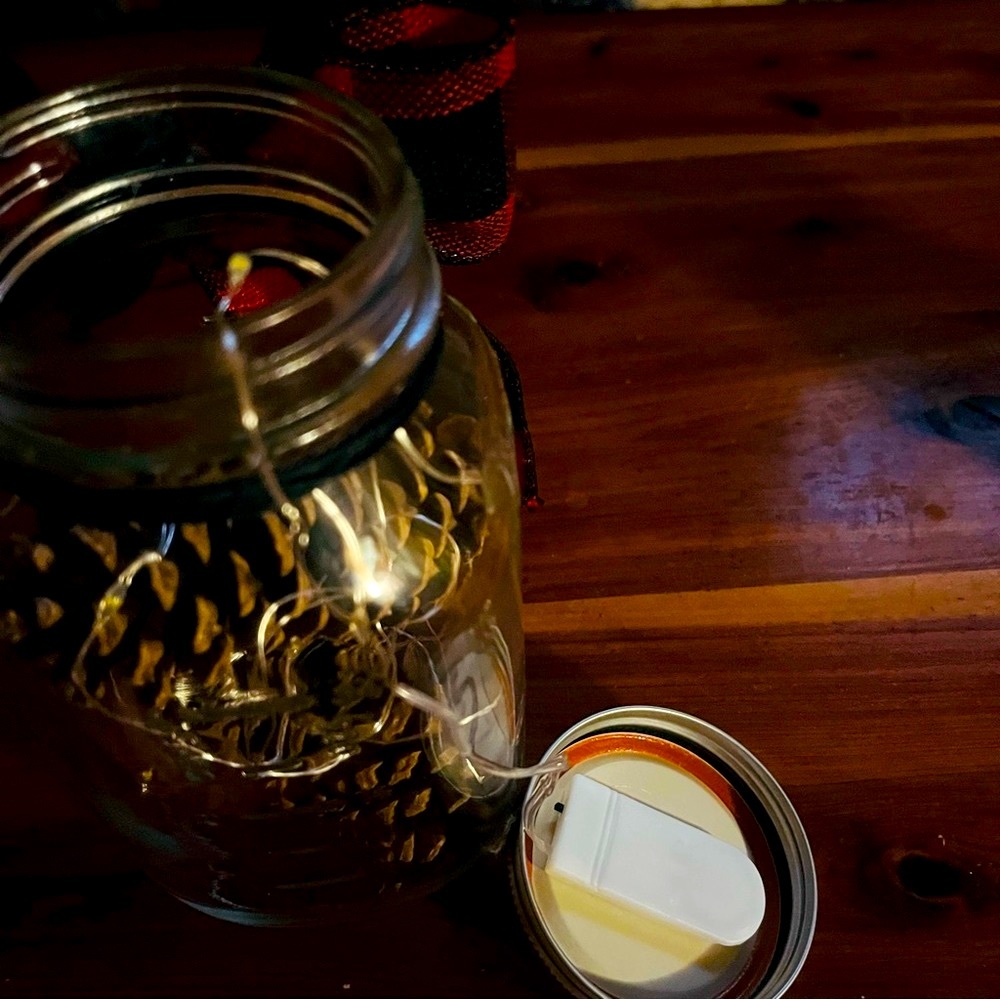 New* Rustic Farmhouse Decor Pinecone FairyLight Mason Jar Buffalo Plaid - Picture 5 of 12